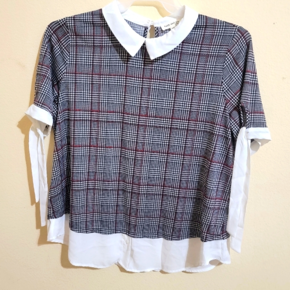 Plaid Girls Shirt with Fake Collar Undershirt
